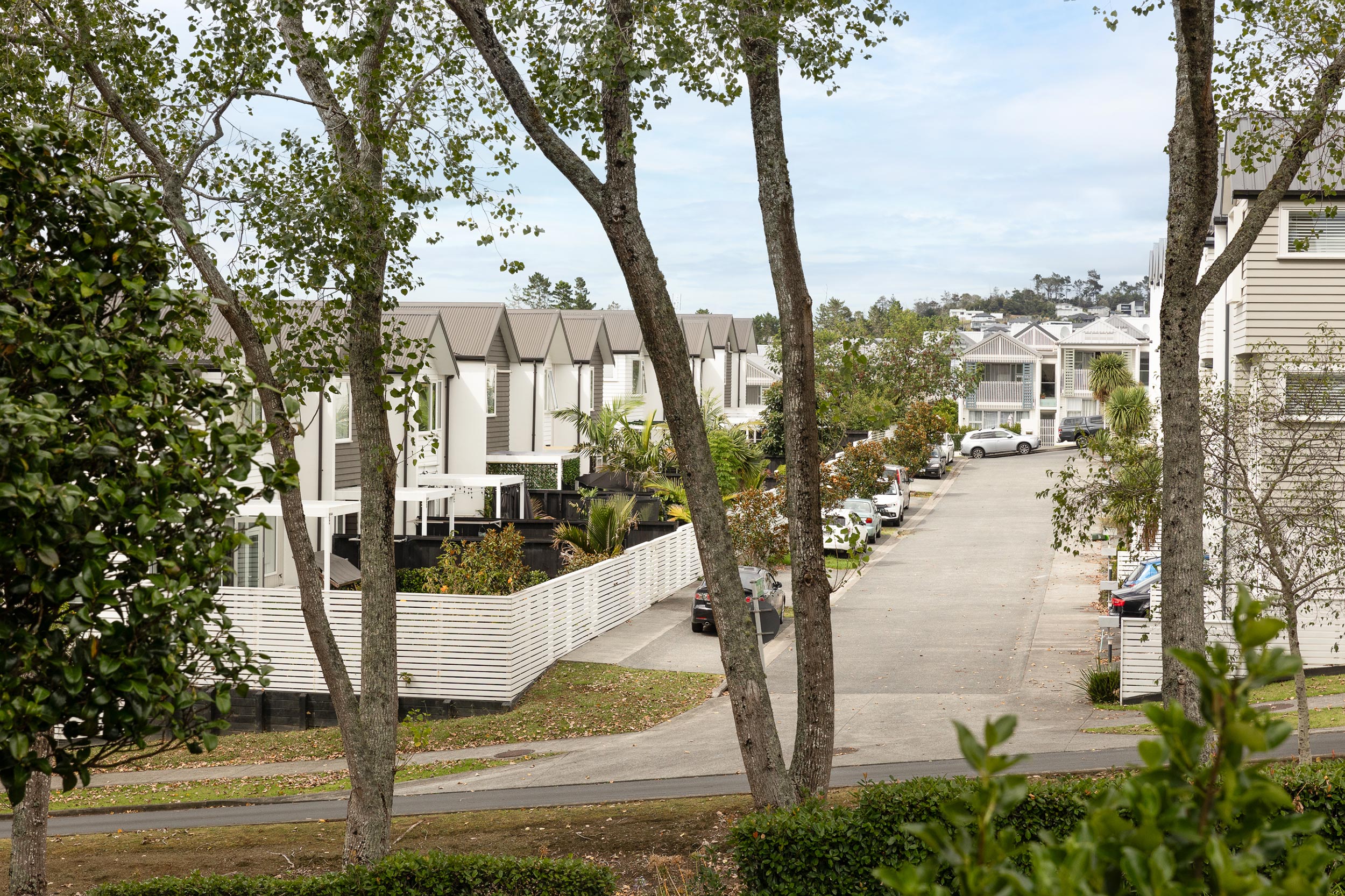 Rows of new townhouses in a residential street